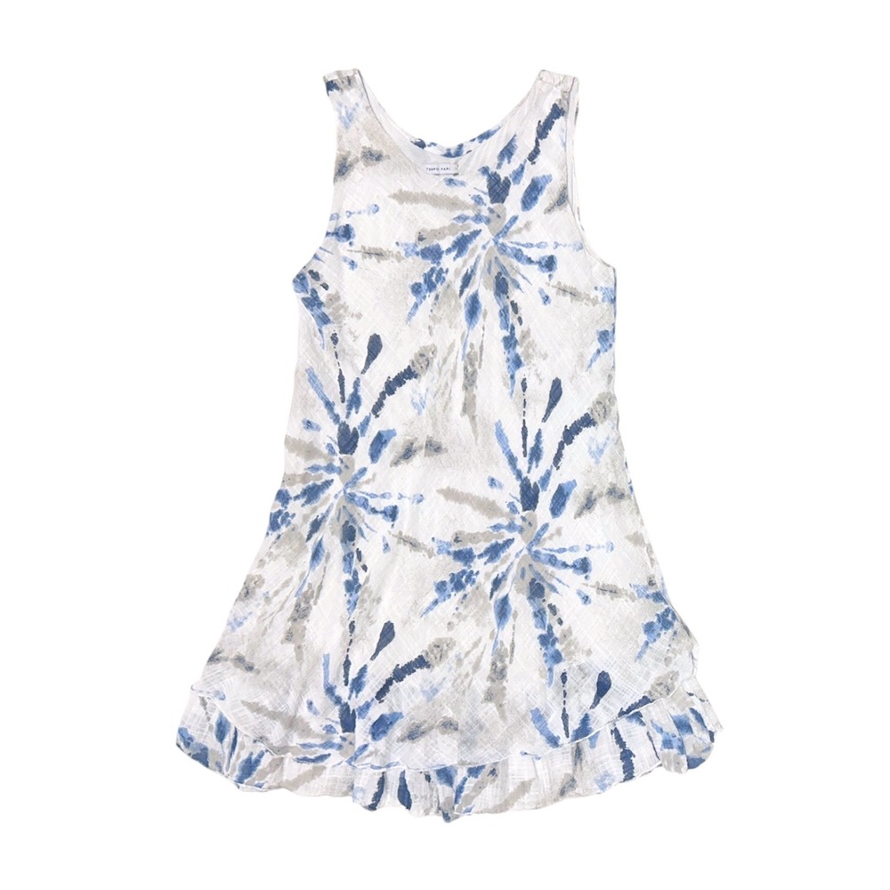 Tempo Paris Tie Dye Tank Dress Blue White Sleeveless Ruffle Hem Made in Italy L